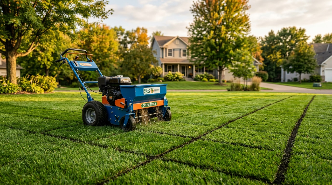 Walk-behind lawn overseeder machine on a Minnesota residential lawn Walk-behind lawn overseeder machine on a Minnesota residential lawn